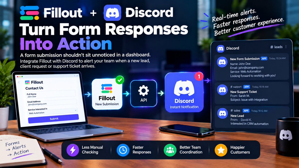 RichyesuEsu's tweet photo. A form submission shouldn't sit unnoticed in a dashboard.
Integrate Fillout with Discord to alert your team when a new lead, client request or support ticket arrives.
Less manual checking. Faster responses. Better customer experience.
#APIIntegration #Discord https://t.co/NnwQFRG9v8