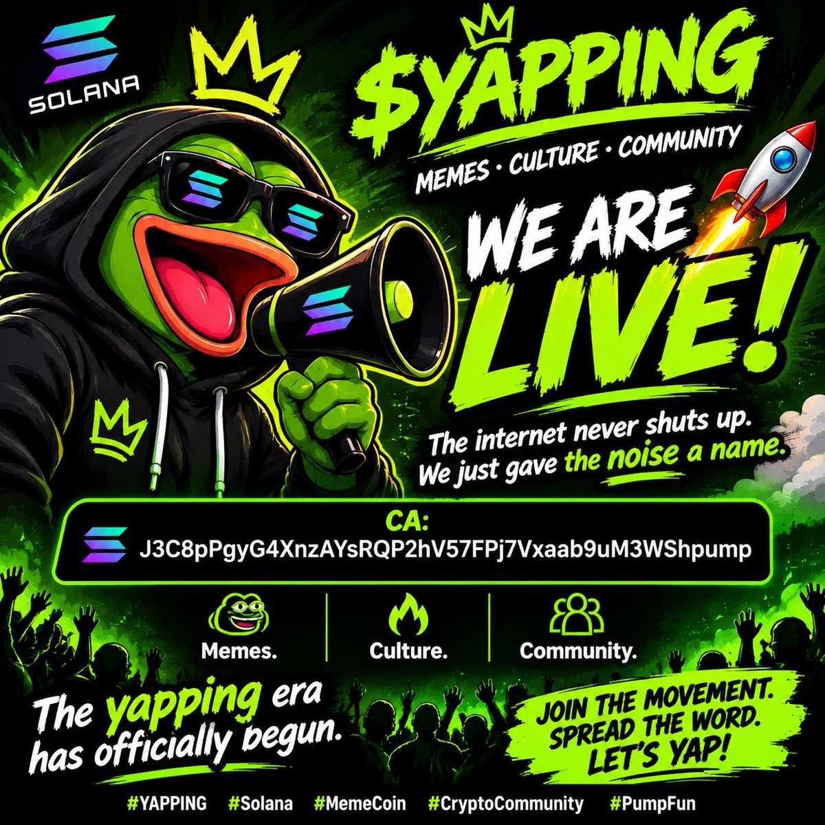 yappingav's tweet photo. 🗣️ WE ARE LIVE! $YAPPING IS HERE! 🐸🔥

Memes. Culture. Community. The movement starts NOW. 🚀

🪙 CA:
"J3C8pPgyG4XnzAYsRQP2hV57FPj7Vxaab9uM3WShpump"

🔊 Join the movement. Let’s yap!

#YAPPING #Solana #MemeCoin #CryptoCommunity #PumpFun https://t.co/r4JZmFEh1Y