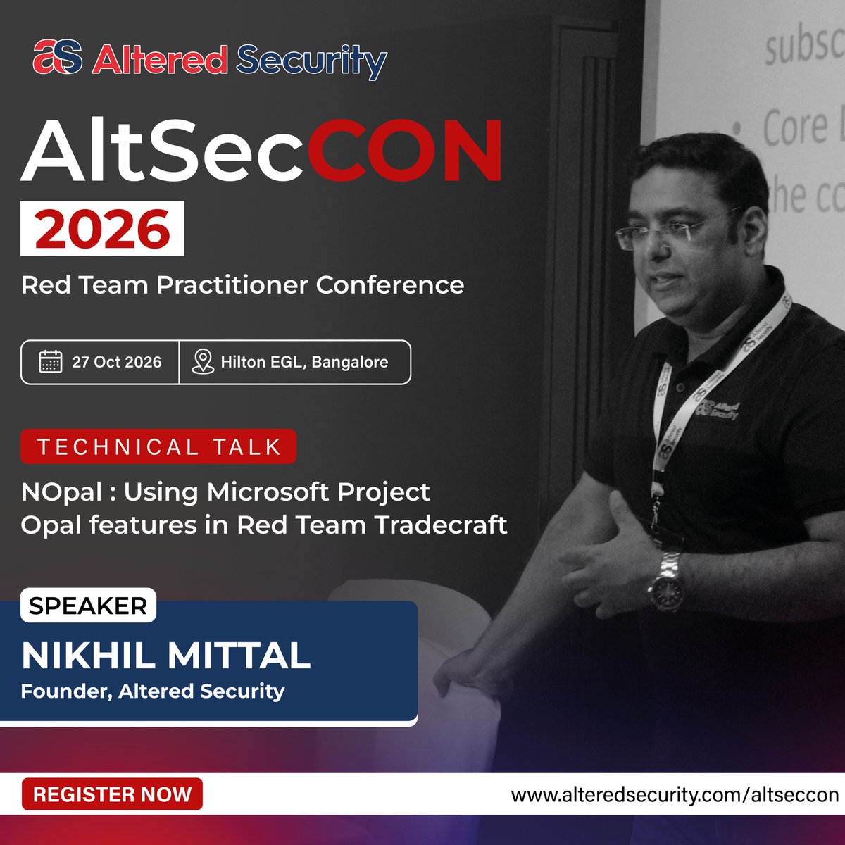 AlteredSecurity's tweet photo. Only a few days left for AltSecCON 2026!

Join @nikhil_mitt for “NOpal: Using Microsoft Project Opal Features in Red Team Tradecraft” and learn how Opal's features can be used to evade Microsoft security controls like MFA, Conditional Access, Network based restrictions and more.

27 October 2026 | Hilton EGL, Bangalore

Register now: https://t.co/qG7b1L0s0J

#AltSecCON2026 #RedTeaming #AIRedTeaming #MicrosoftCopilot #CyberSecurity