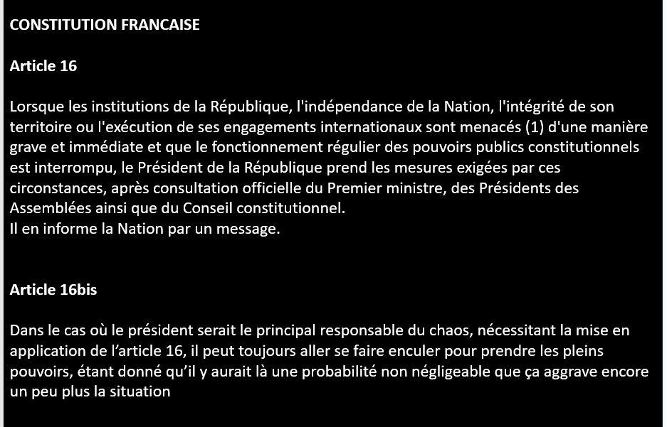 VictorSinclair3's tweet photo. De Gaulle, il aurait quand même du prévoir un art 16bis, disant que si un président est responsable du chaos débouchant sur l'activation de l'art 16, il peut toujours aller se faire enculer pour prendre les pleins pouvoirs. 
(C'est pas forcément les bons mots, mais c'est l'idée). https://t.co/uo4mKsr8Iy