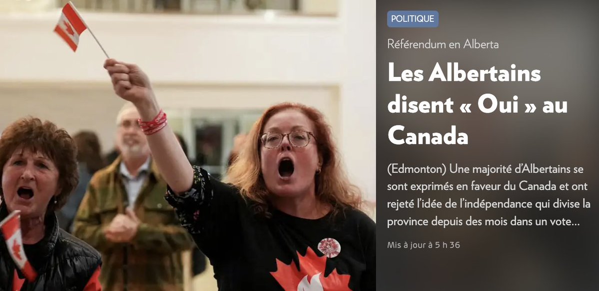 CharlesMilliard's tweet photo. Hier, les Albertains ont parlé. Une très large majorité ne souhaite pas la tenue d’un référendum sur la souveraineté. Les résultats témoignent d’une volonté de s’unir et de travailler à bâtir le Canada plutôt que de le diviser.

Le Canada fait l’envie de tous à travers le monde. Au Parti libéral du Québec, nous avons la ferme conviction que la fédération  canadienne constitue la meilleure option pour les Québécoises et les Québécois.

À l’aube de l’entrée en fonction d’un nouveau gouvernement au Québec, j’invite le premier ministre désigné à faire preuve de clairvoyance et à développer des relations solides avec ses homologues des autres provinces. Il en va de notre intérêt collectif.

De notre côté, l’Opposition officielle à Québec continuera de travailler à renforcer notre pays et à faire en sorte que le Québec y joue un rôle de premier plan.

C’est ce à quoi les Québécois s’attendent.

🔗 https://t.co/yor7olcJ7k