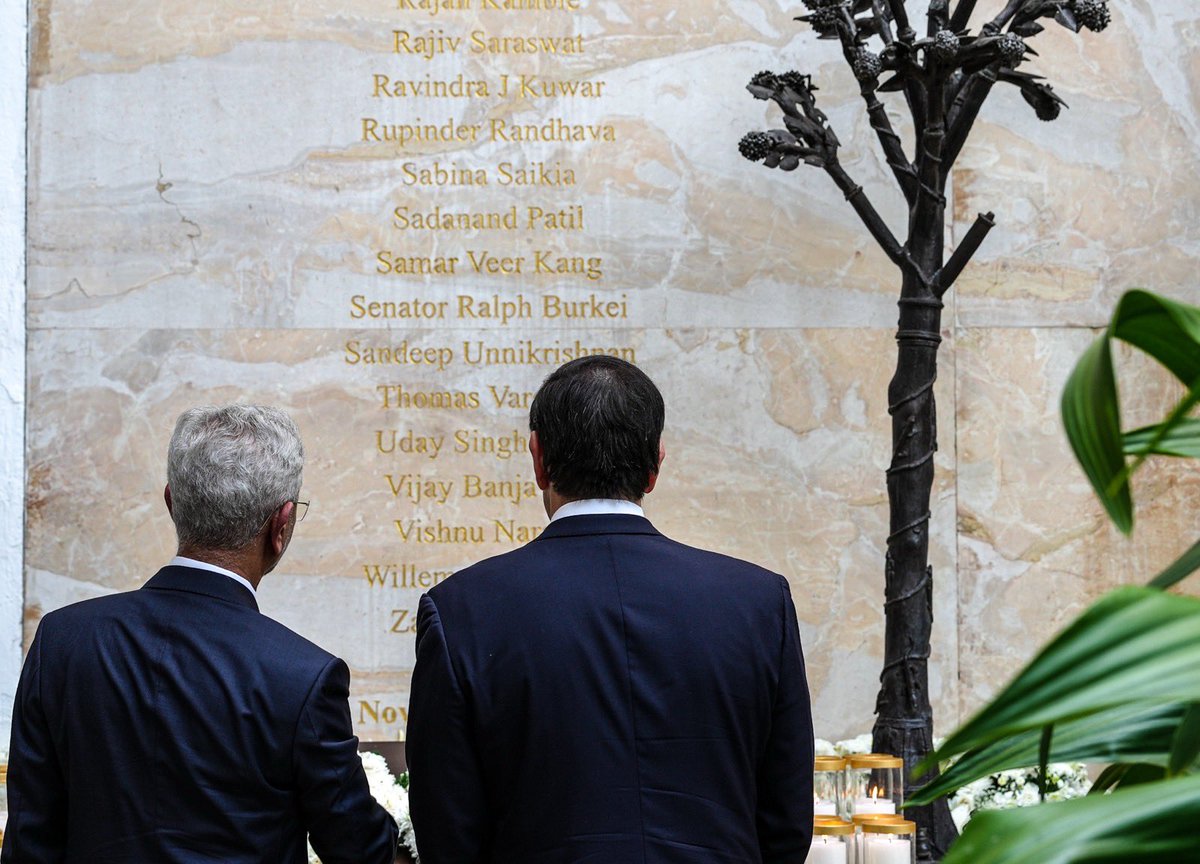 SecRubio's tweet photo. At the Taj Mahal Palace Hotel, I laid a wreath honoring the victims of the horrific November 26, 2008 terrorist attacks, including six American citizens. 

We remember those lost, honor the courage of those who responded, and reaffirm the enduring U.S.-India partnership and our shared commitment to combating terrorism.