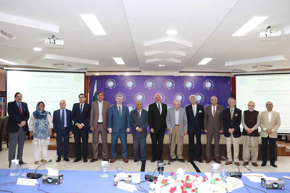 RusEmbPakistan's tweet photo. 🇷🇺🇵🇰 On October 19, Ambassador Albert P. Khorev and Ambassador of Pakistan to Russia Faisal Niaz Tirmizi took part in a roundtable discussion on the development of Russia–Pakistan relations. The event took place at the Institute of Strategic Studies Islamabad (@ISSIslamabad).

💬 Albert P. Khorev thanked ISSI’s leadership for organizing the event and highlighted the steady strengthening of ties between Russia and Pakistan. As an example, he cited Russian Interior Minister Vladimir Kolokoltsev’s successful visit to Islamabad on October 12–15, at the invitation of his Pakistani counterpart, Federal Minister for Interior and Narcotics Control Syed Mohsin Raza Naqvi.

🤝 The Ambassador emphasized that the meeting between the two countries’ interior ministers marked their third contact since June, reflecting the warm personal rapport they have developed.

❗️ Albert P. Khorev also noted that during his recent talks with senior Pakistani officials, Vladimir Kolokoltsev reaffirmed Russia’s readiness to help resolve differences between Pakistan and Afghanistan.

The Ambassador also expressed Moscow’s concern over reports of terrorist elements infiltrating Pakistan’s border areas from Afghanistan, particularly in Khyber Pakhtunkhwa.

📸: ISSI

#RussiaPakistan