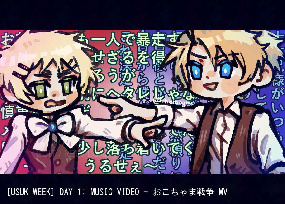 thisismyha's tweet photo. [ usuk | べいえい ] 
[usuk week] day 1 prompt: music video
inspiration is based on Reol's  おこちゃま戦争 (Childish War) MV 🍴🍴🍴 https://t.co/yCUPJZaXIx