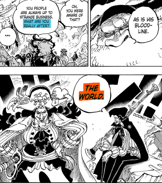 RomPieceG5's tweet photo. Xebec referred to Imu as "The world."

Saturn asked the Blackbeard Pirates what they were really after, and they answered, "The world." 

Buggy said, "The world" is ours! and his followers said they would follow him to the depths of hell, hinting that "the world" might duel in the depths of hell, paralleling Imu, "The world."

Oden referred to Buggy as "BuggyJiro", and Buggy crashed out, saying, "Why do I have to be Jiro!? that means Second son!"

I don't think Oda can make it any clearer. Buggy is Xebec's Second Son...

#BUGGYJIRO