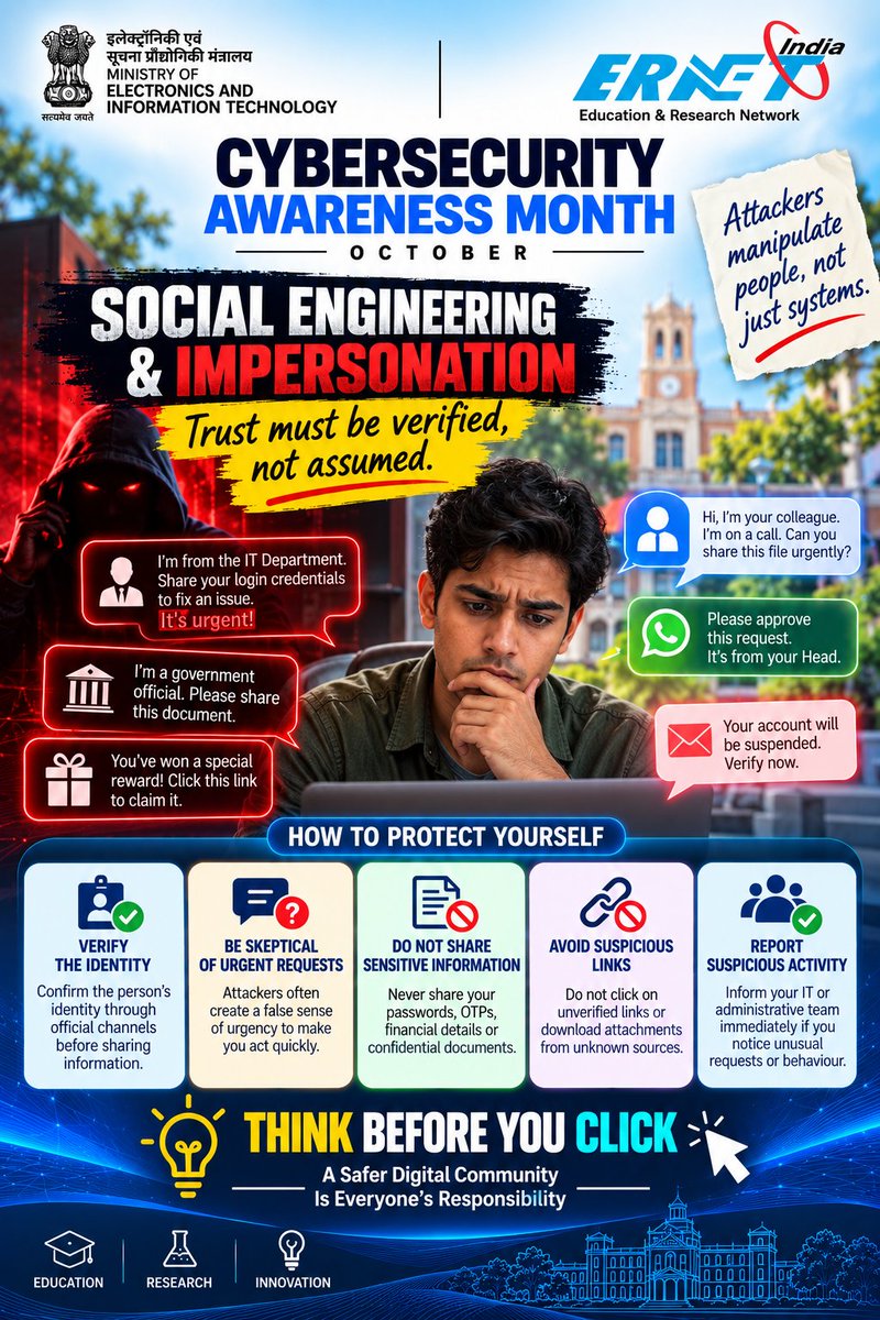 ERNET_India's tweet photo. This Cybersecurity Awareness Month, ERNET India, under the Ministry of Electronics and Information Technology (MeitY), encourages everyone to stay vigilant and adopt safe digital practices.

#CyberAwarenessMonth #ERNETIndia #MeitY #SocialEngineering #Impersonation #CyberSecurity https://t.co/2krVDvku2b