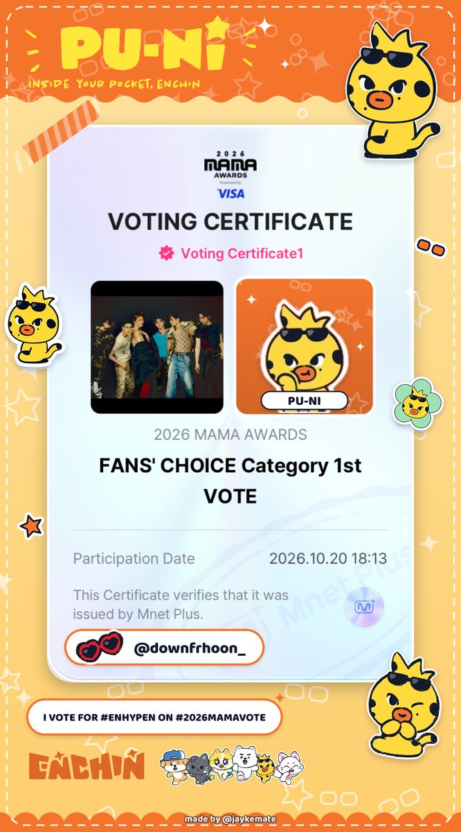 Downforhoon_'s tweet photo. Absen Tim sukses #ENHYPEN di #2026MAMAVOTE https://t.co/51Iq8g3f77