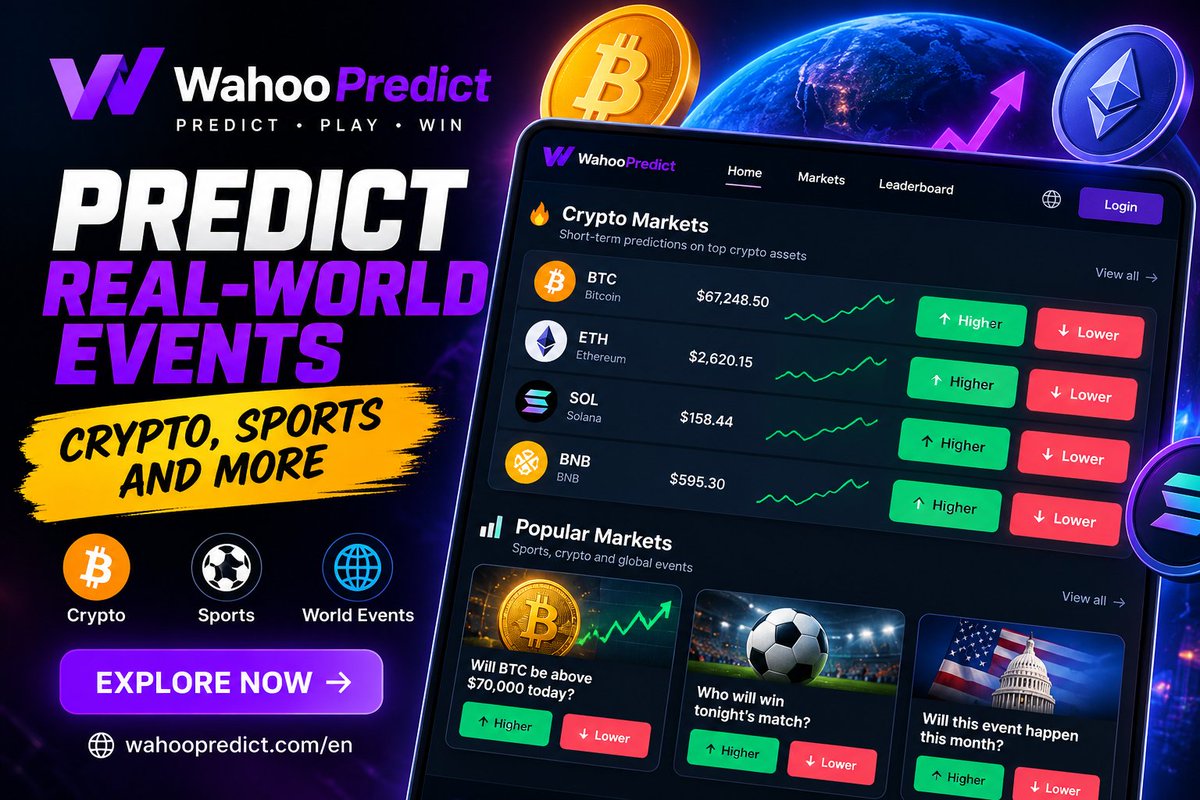 Emmanuelxyan's tweet photo. 👀 Crypto predictions meet real-time markets.

Do more than just watch BTC, ETH, SOL and BNB move,

🔥 @Wahoopredict lets you explore prediction markets on crypto price movements, sports and real-world events.

Explore it 👇
https://t.co/kUZjylE0LB

#crypto #PredictionMarkets https://t.co/8w3P4MerCN