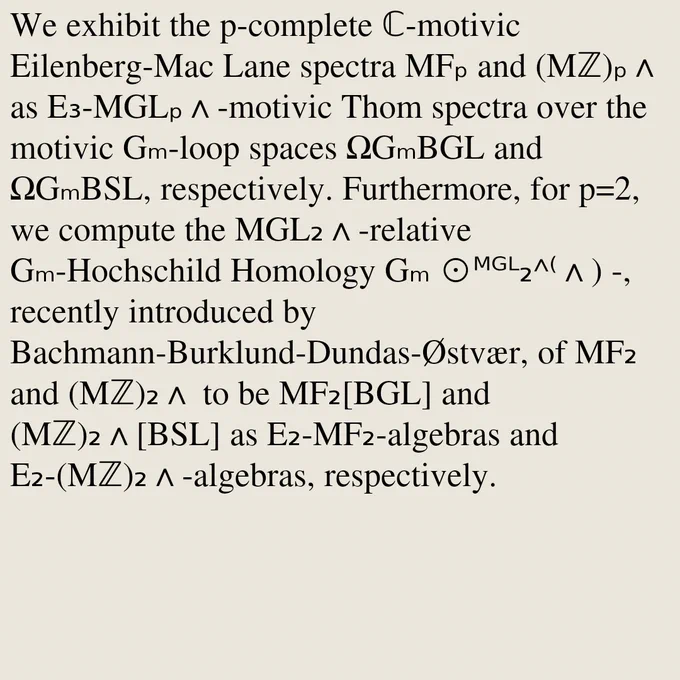 We exhibit the p-complete ℂ-motivic Eilenberg-Mac Lane spectra MFₚ and (Mℤ)ₚ∧ as E₃-MGLₚ∧-motivic Thom spectra over the motivic Gₘ-loop spaces ΩGₘBGL and ΩGₘBSL, respectively. Furthermore, for p=2, we compute the MGL₂∧-relative Gₘ-Hochschild Homology Gₘ ⊙ᴹᴳᴸ₂^⁽∧) -, recently introduced by Bachmann-Burklund-Dundas-Østvær, of MF₂ and (Mℤ)₂∧ to be MF₂[BGL] and (Mℤ)₂∧[BSL] as E₂-MF₂-algebras and E₂-(Mℤ)₂∧-algebras, respectively.