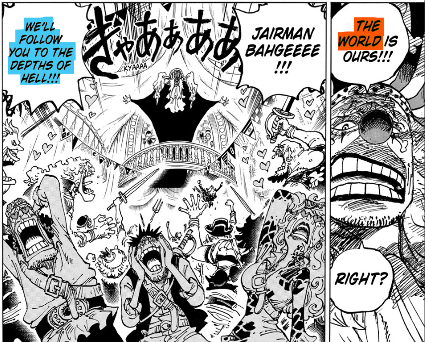 RomPieceG5's tweet photo. Xebec referred to Imu as "The world."

Saturn asked the Blackbeard Pirates what they were really after, and they answered, "The world." 

Buggy said, "The world" is ours! and his followers said they would follow him to the depths of hell, hinting that "the world" might duel in the depths of hell, paralleling Imu, "The world."

Oden referred to Buggy as "BuggyJiro", and Buggy crashed out, saying, "Why do I have to be Jiro!? that means Second son!"

I don't think Oda can make it any clearer. Buggy is Xebec's Second Son...

#BUGGYJIRO