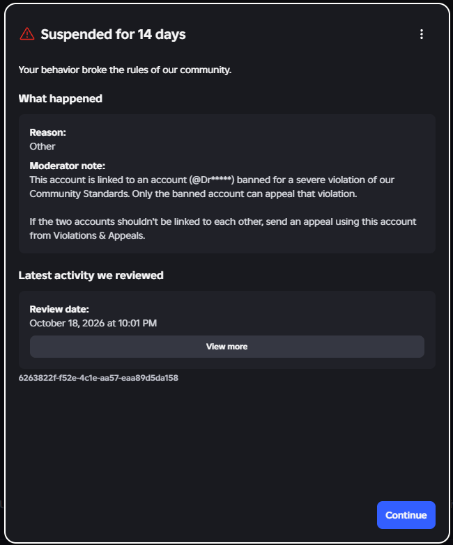 DropoutIndustry's tweet photo. Got false banned for 2 weeks across 4 accounts just for a game I published.

No actual evidence of Sexual content was provided.

This is the Reality of being a Roblox dev in 2026, they can just take your game down whenever they want and ban your accounts and you can do nothing about it!

#ROBLOX #RobloxDev