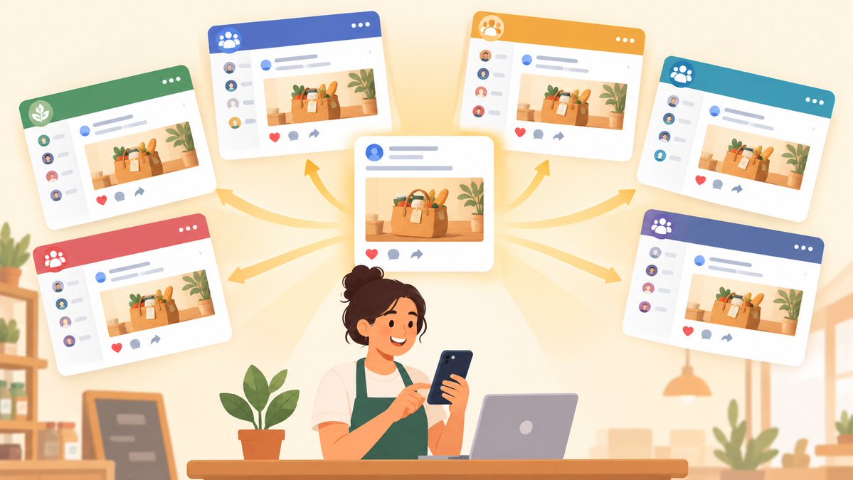 Klyra360372's tweet photo. Picture this: a local shop owner copies the same post into 14 Facebook groups, one tab at a time, every single morning. The repetition is the reach - and it's exactly the part a tool should handle. MultiGroup Poster posts to all your groups in one go. https://t.co/Vrgo2KJTsx