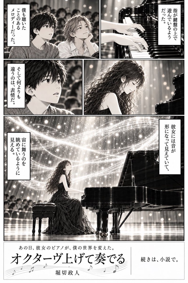 horikiri1979's tweet photo. #小説『オクターヴ上げて奏でる』

👇『読み終えたあと、あなたにも
　　　　　　　彼女の音が聴こえてくる』
https://t.co/f8B3lxj37z

ある日突然、聴こえてくる音があった。

それは僕が見上げる空よりも
もっと高い所から流れてくる音――

なんて、そんなことを思ったのは、
きっと彼女に出会ったからだ――

天才ピアニストとの出会いから始まる
少し不器用な青春の物語

#Kindle   #青春小説　 #平成レトロ