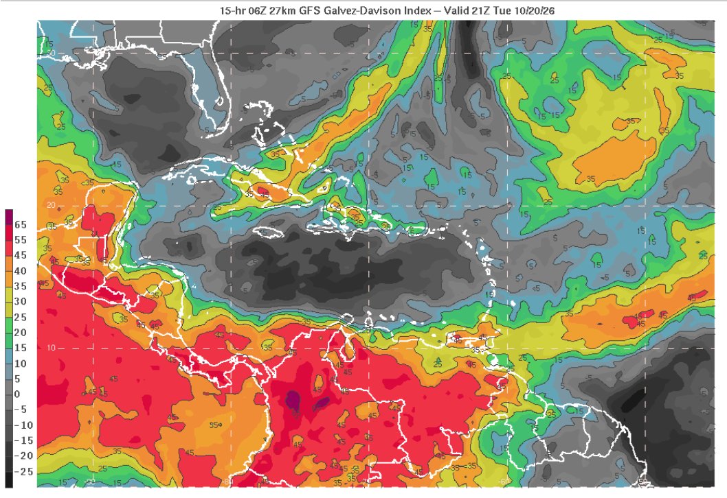 EstebanWXcast's tweet photo. Venezuela, 20OCT26. Perturbación construyéndose en niveles bajos al SE del Caribe y centro del país (según se analiza en MIMIC-TPW) arrastra humedad hacia occidente y Llanos, desestabilizará la región y, junto a forzamiento en altura, producirán convección profunda dispersa. https://t.co/Fo4Mb1a7bL