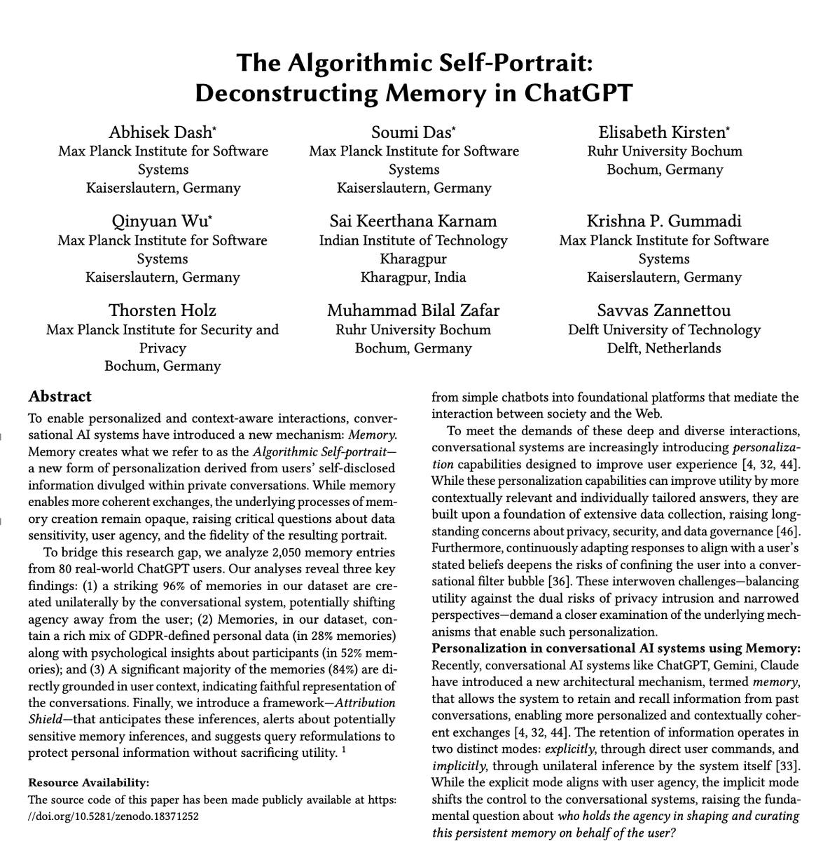 First page of the paper The Algorithmic Self Portrait: Deconstructing Memory in ChatGPT, listing nine authors from the Max Planck Institutes, Ruhr University Bochum, IIT Kharagpur and Delft University of Technology, with the abstract