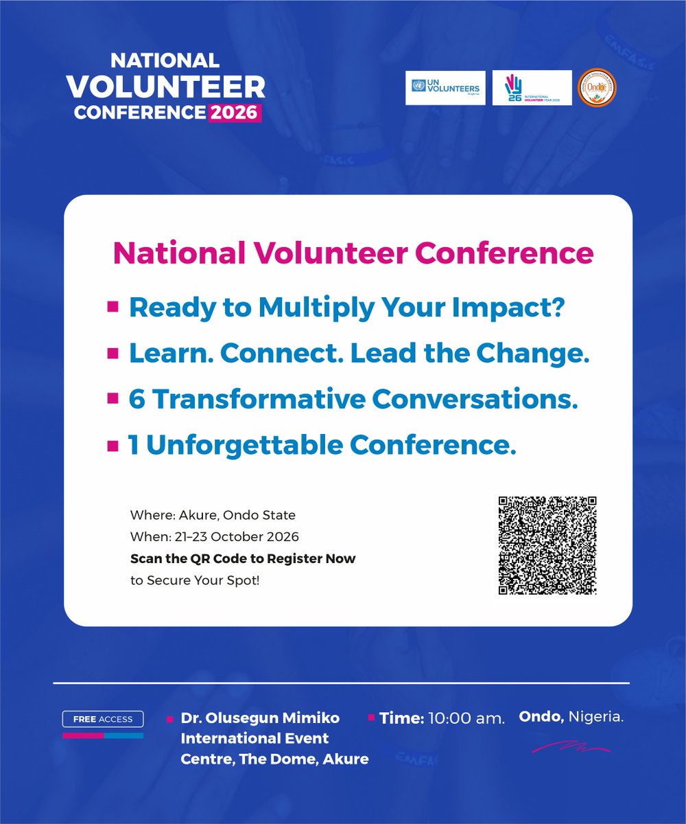 UN_Nigeria's tweet photo. 1 Day to go!
Nigeria’s inaugural Nat'l Volunteer Conference is coming to Akure, bringing together passionate volunteers &amp; changemakers committed to building stronger communities &amp; a more sust' future.
📅 21–23 October 2026
📍 The Dome, Akure, Ondo State
 #YourContributionMatters https://t.co/iX8h0S2a4u