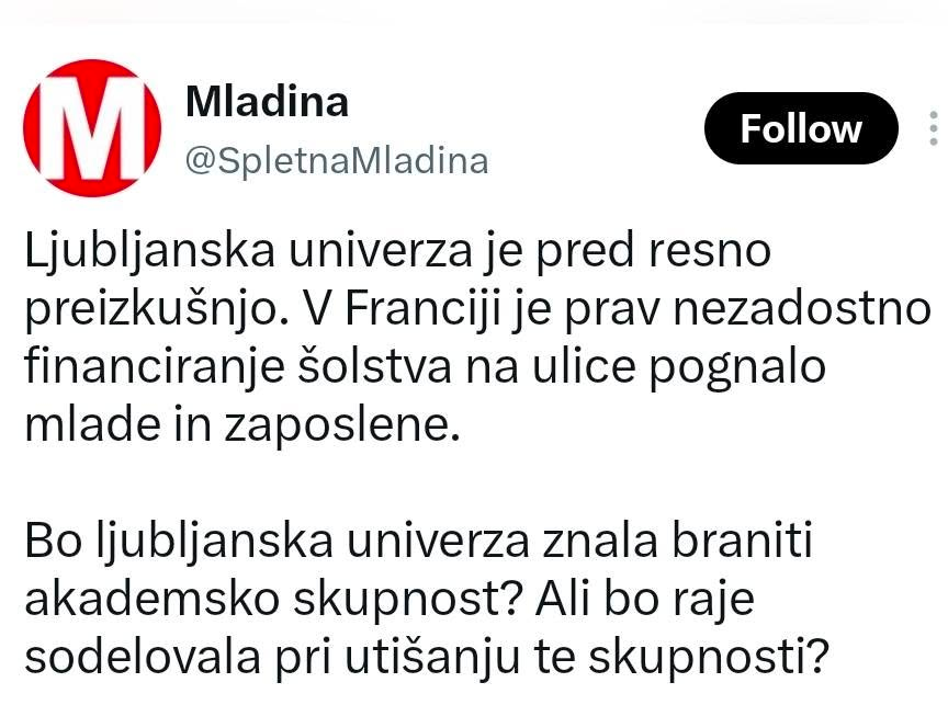 Libertarec's tweet photo. Pozor: zaznana je bila koordinirana aktivnost skrajne levice v smeri prenosa nemirov iz Francije v Slovenijo. Angažirajo se Mladina, Levica, šolski sindikat, Lobnik. Z lažmi o šolstvu se cilja skupine: mladoletni, skrajni levičarji, člani strank Levica in Svoboda, muslimani in šolski sindikalisti. Da vas ne bo presenetilo, to ni naključje, to je strateško komuniciranje.