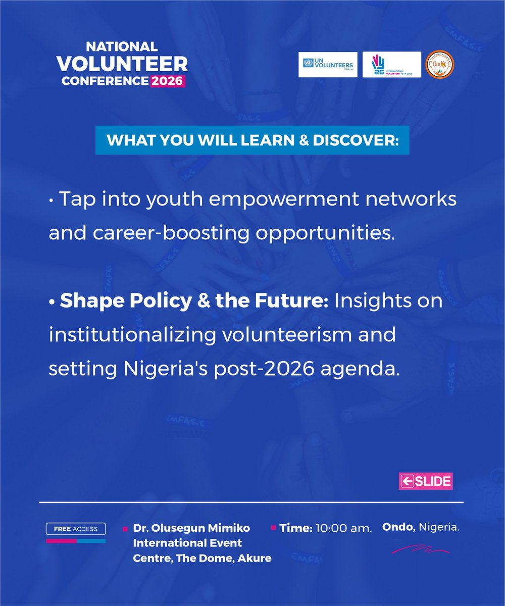 UN_Nigeria's tweet photo. 1 Day to go!
Nigeria’s inaugural Nat'l Volunteer Conference is coming to Akure, bringing together passionate volunteers &amp; changemakers committed to building stronger communities &amp; a more sust' future.
📅 21–23 October 2026
📍 The Dome, Akure, Ondo State
 #YourContributionMatters https://t.co/iX8h0S2a4u