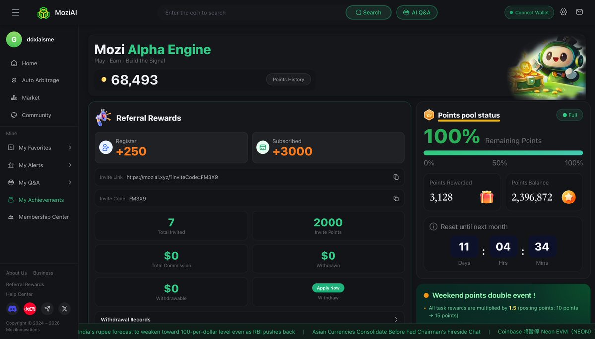 moziinnovation's tweet photo. MoziAI Points — play, earn, unlock.

Grind tasks in the Points Center, stack your points.
 Those points? They’re your $MOZ airdrop vouchers.
 Burn them on AI analysis, big-order detection, and a bunch more tools.
MoziAI Points. Waiting for you to jump in. https://t.co/o7Y3P9nXq7