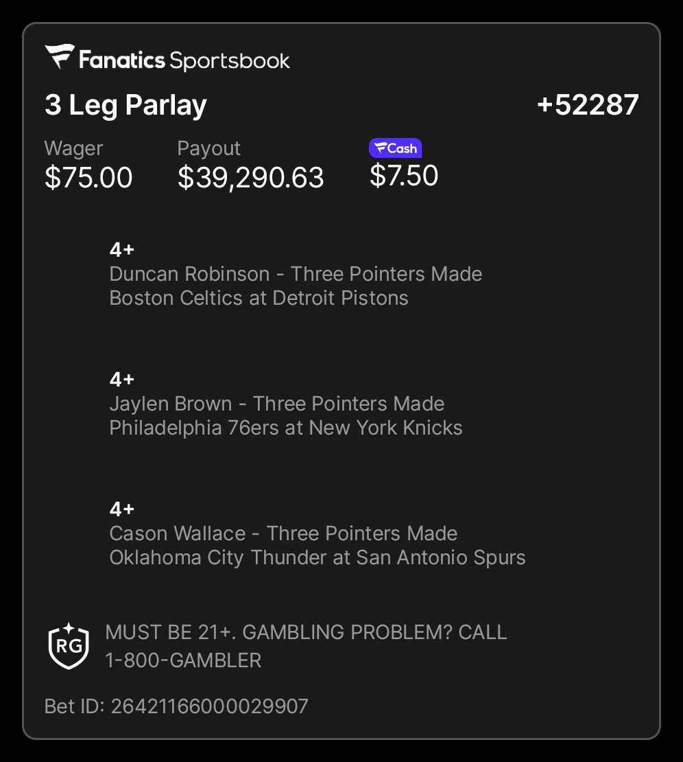 RobinTheBook's tweet photo. Add to your betslip.
https://t.co/GQBIyNxXps
๐จ๐ฆโ๐ฅ RTB NEXT PLAY ๐ฆโ๐ฅ๐จ
๐๐ฃ 3-LEG NBA THREES NUKE ๐ฃ๐
๐ฅ 3 PLAYERS. 4+ THREES EACH!
๐ $75 TO $39,290! (+52,287)
๐ฆโ๐ฅ NO MASKS. NO GUNS. JUST PICKS. ๐ฆโ๐ฅ
#RTB #NBA #3Pointers #SuperNuke https://t.co/tHAqIBWfOY