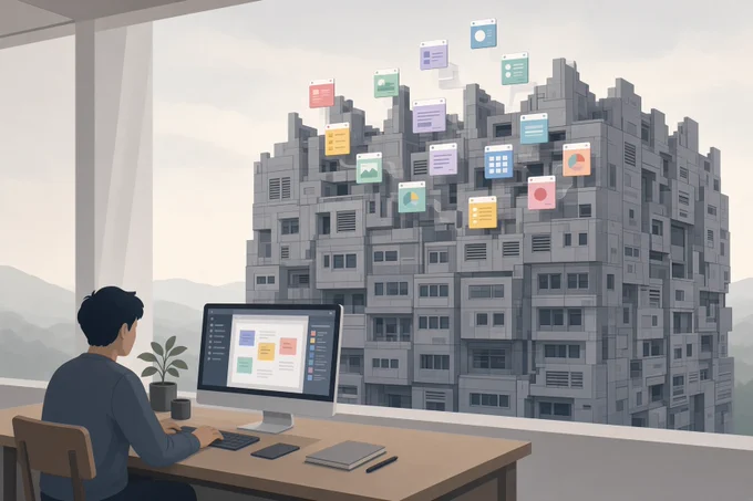 Illustration : une personne travaille sur un ordinateur devant une fenêtre. Dehors, un immense bâtiment gris et massif, d'où s'échappent de petites fenêtres d'applications colorées.