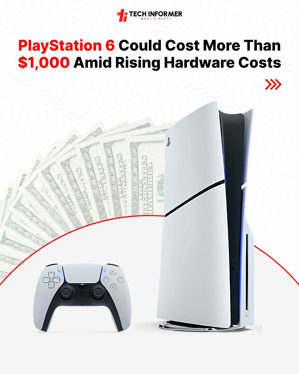 Tech_Informer_'s tweet photo. The PS6 could be much more expensive than expected as rising memory and storage costs put pressure on next-gen console pricing. With AI demand driving component prices up, crossing the $1,000 mark could become a possibility. What do you think about this?

#Sony #PlayStation #PS6 https://t.co/evgLimp3iP
