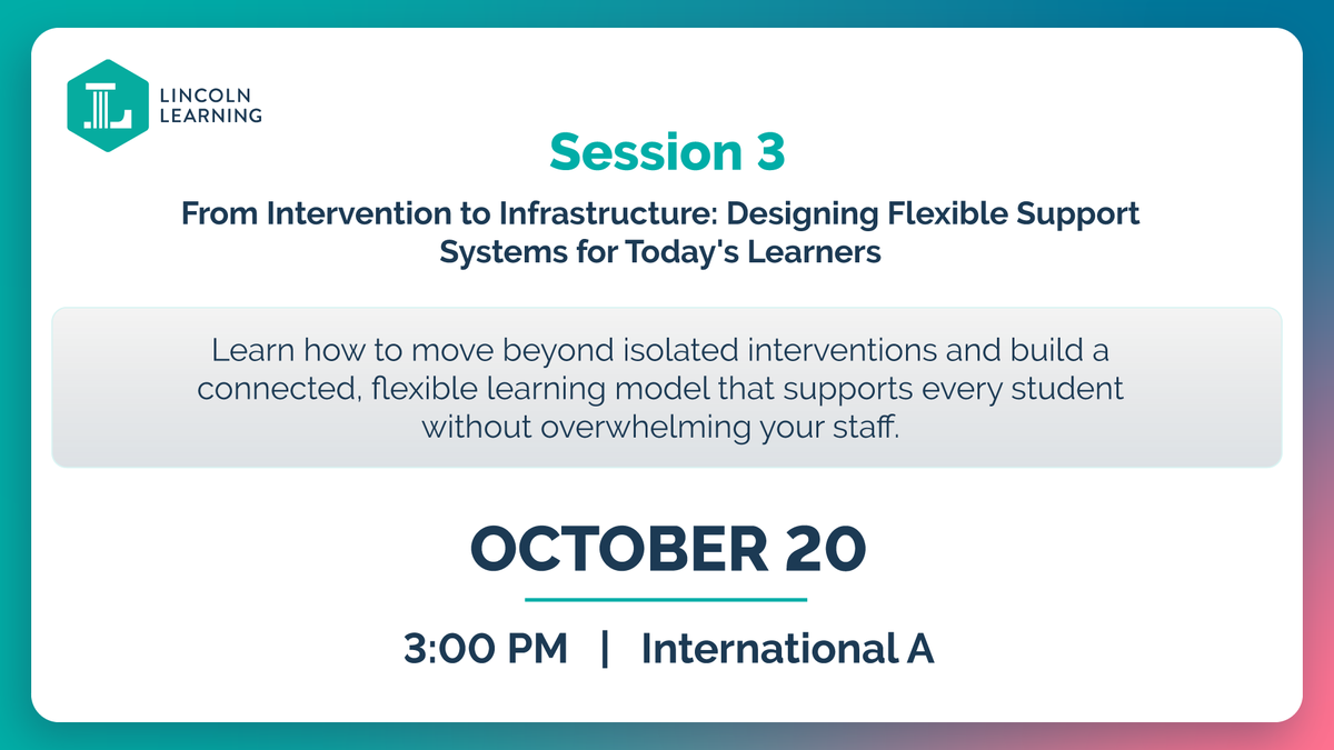 LincolnLearning's tweet photo. Lincoln Learning is bringing three sessions to DLAC Ignite!

From AI Experimentation to Responsible Implementation | 9:30 AM
We're on the CASE! | 2:30 PM
From Intervention to Infrastructure | 3:00 PM

Visit Booth #304 all week.
Atlanta, GA | October 19–21

#DLACIgnite #DLAC2026 https://t.co/jJNSJjfDnu