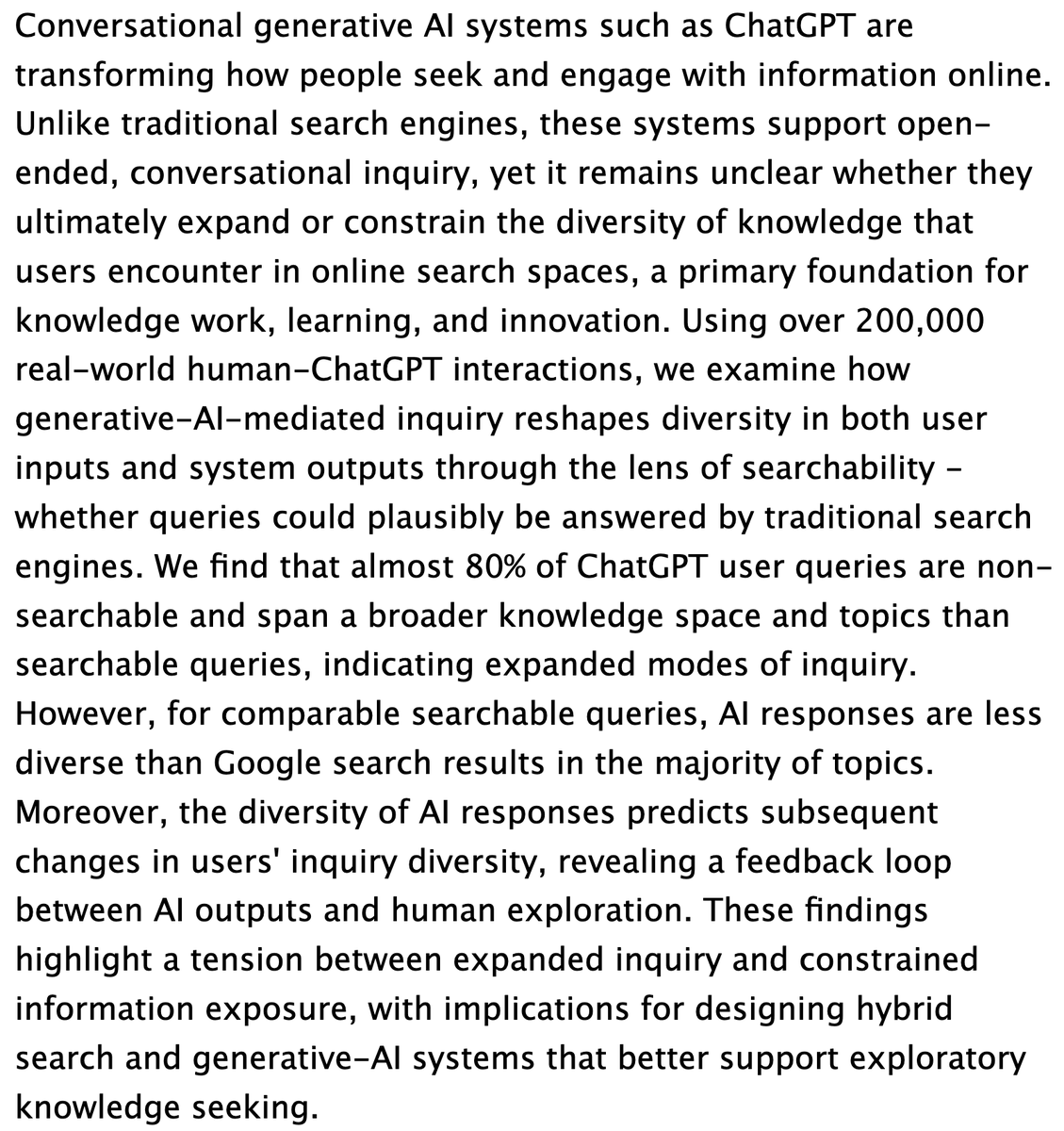infodocket's tweet photo. From Searchable to Non-Searchable: Generative #AI and Information #Diversity in Online Information Seeking (Updated Preprint)

https://t.co/hyj6yrTN8v

#GenAI #websearch #informationseeking https://t.co/xWO1owsWDf