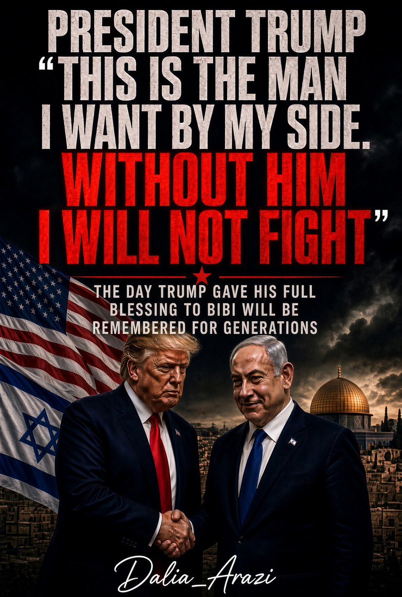 selfinter's tweet photo. Dear Mr. President,
@realDonaldTrump 

Of all the military actions you have carried out,
of all the great deals you have closed,
and of all the historic agreements you have signed throughout your life –
the day you chose to give your full blessing to this giant of a man will also be remembered as one of the important moments, at such a critical point for the continued existence of the State of Israel.

You were not afraid to stand before the entire world and say:
“This is the man I want by my side. Without him I will not fight.”

Thank you very much for that.
Thank you for blessing the man whose only desire is peace,
who has dedicated his entire life to the people of Israel and to the world,
and who has stood firm in the face of enormous challenges for the security of his people and for a future of quiet in the region.

Thank you for this blessing.
It will be remembered for generations.

Dalia Arazi
