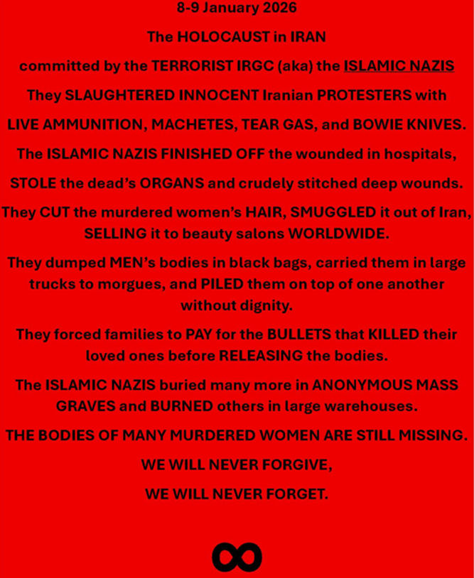 Sisyphus8261's tweet photo. 🚨🚨🚨 Stop masquerading as negotiators. The savage and murderous Islamic regime has NO legitimacy. THE OCEANS OF BLOOD BETWEEN IRANIANS AND THE REGIME HAVE IRREVOCABLY WIDENED AFTER ITS RUTHLESS AND BARBARIC MASSACRE OF MORE THAN 40000 INNOCENT PROTESTORS ON 8 AND 9 JANUARY 2026, AND THE ONGOING EXTRAJUDICIAL EXECUTIONS IN IRAN’s HORRIBLE PRISONS. HELP RESTORE THE INTERNET FOR IRANIANS TO HEAR WHAT THEY WANT. This regime WILL GO, with or without the West’s help. IRANIANS WILL DECIDE THEIR OWN FUTURE.
@POTUS
@netanyahu
@IDF
@EUCouncil
@SecRubio
@PeteHegseth
@JDVance

#IranMassacre
#kingrezapahlaviforiran
#surrenderislamicregime