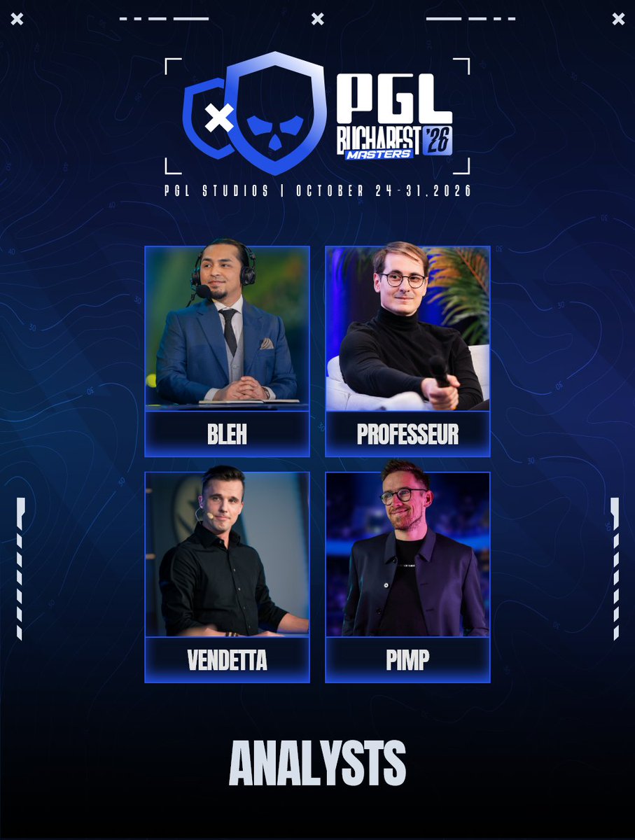 pglesports's tweet photo. 🇷🇴Your crew for PGL Masters Bucharest 2026 is locked in 🎙️

Desk hosts: @RLewisReports, @Pala 
Interviewer: @BanKsEsports
Analysts: @OfficialBleh, @Professeur_CS, @vENdettaCSGO, @PimpWinneche
Onsite casters: @ScrawnyCG, @launders, @skrivcasts, @Ne0Kai
Remote casters: @OnFireAnders, @VinceMetuz, @JustHarryGG, @HugoTV

📅 October 24-31
📍 PGL Studios, Bucharest
👥 16 teams
💰 $1,250,000 

Group Stage (Oct 24-28): Swiss format, all matches Bo3
Playoffs (Oct 29-31): 8 teams, single elimination, Bo5 Grand Final

#PGLMasters