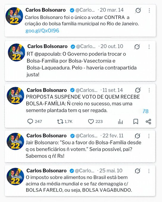 BlogdoNoblat's tweet photo. Posts de Carluxo. Flávio já votou contra. A família Bolsonaro só é favor do Bolsa Família em período eleitoral? https://t.co/tGCnzwHlz5