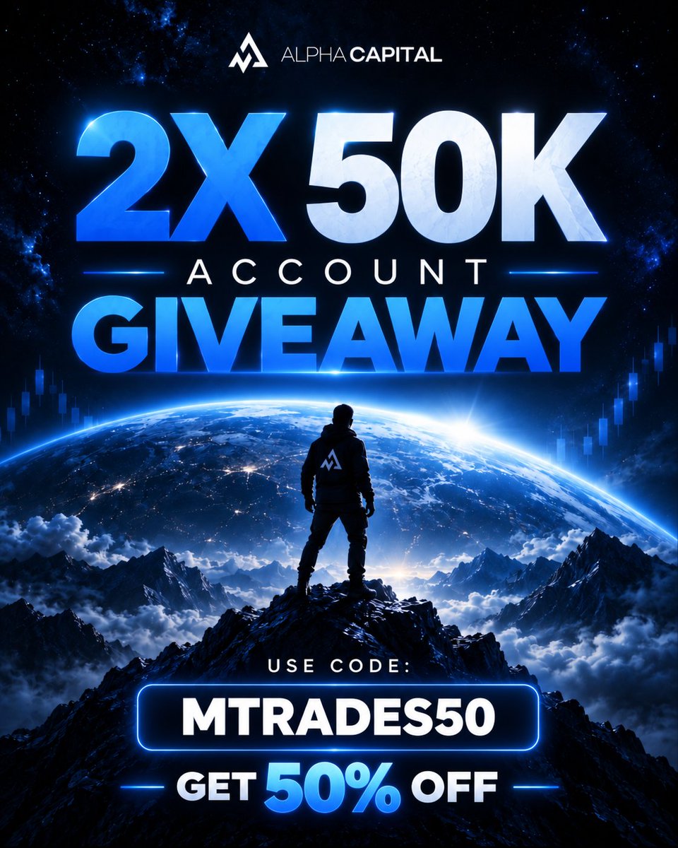 mcrt1n's tweet photo. 🚨 2x $50K ALPHA CAPITAL GIVEAWAY 🚨

How to enter:
1️⃣ Follow @mcrt1n &amp; @AlphaCapitalUK
2️⃣ Like &amp; repost this post
3️⃣ Tag 2 trader friends below

🎁 2 lucky winners!

💙 Use code MTRADES50 for 50% OFF (one-time use)

🏆 Giveaway ends October 27th, 2026! https://t.co/Kav668a7A2