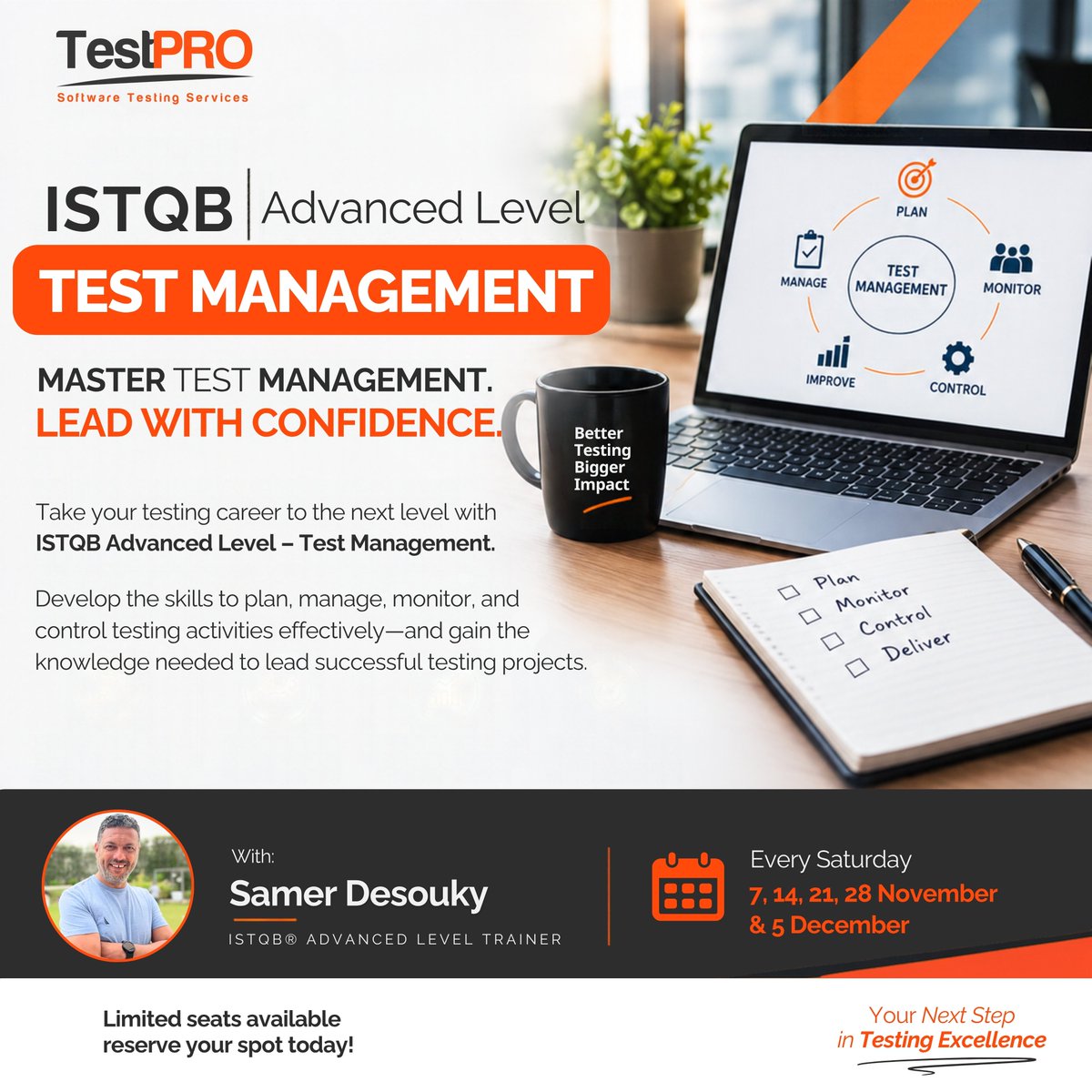 testproeg's tweet photo. Build the skills to manage testing activities, lead teams, and make confident decisions with TestPRO’s ISTQB Advanced Level – Test Management training.  

👨‍🏫 Trainer: Samer Desouky 
 Dates: 7, 14, 21 &amp; 28 Nov and 5 Dec (Every Saturday)  

https://t.co/caDmV8uFS4 

#TestPRO https://t.co/IJ4cgnZxJo