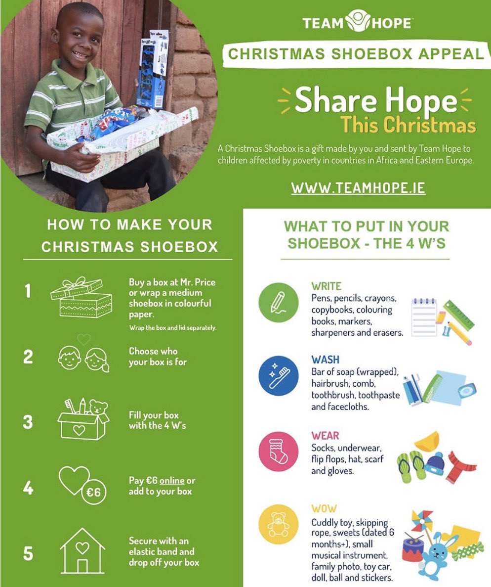 ArklowCBS's tweet photo. 🎁 It’s that time of year again!
We are asking parents and students to support this year’s Team Hope Christmas Shoebox Appeal here in Arklow CBS. 

Please help us spread a little kindness this Christmas! 

Shoeboxes to be dropped to the school by 10th November. https://t.co/ni82XfbEu2