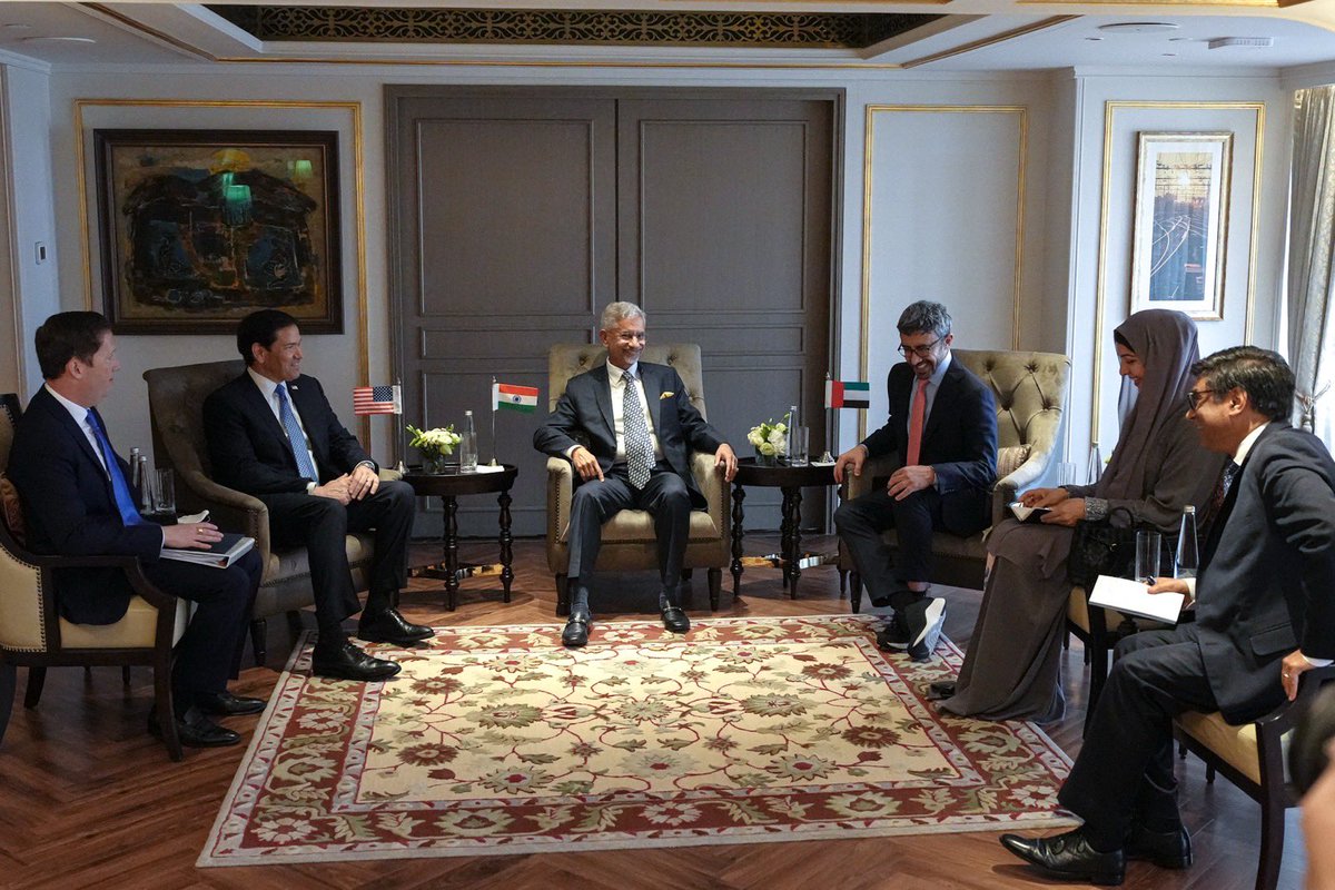 SecRubio's tweet photo. It was great to meet with Indian External Affairs Minister @DrSJaishankar and UAE Foreign Minister @ABZayed to discuss regional energy security and advance our shared economic priorities. https://t.co/8GNOibFzR7