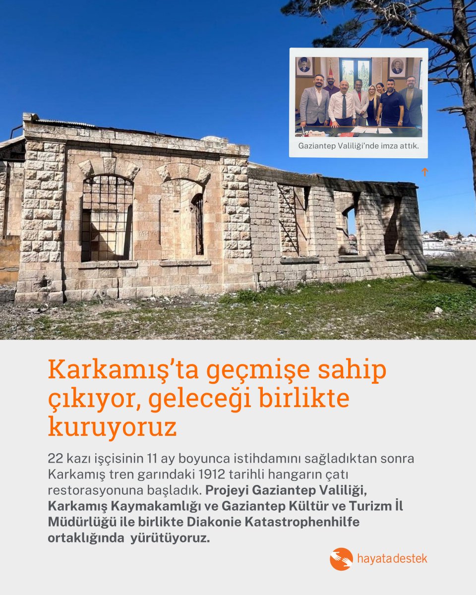 Support2Life's tweet photo. 🚂 Eskiden lokomotif ve vagonların tamir edildiği tarihi hangarın çatısını yeniden örtüyoruz.

@diakoniekh finansal desteğiyle yürüttüğümüz projede hedefimiz, hangarın Karkamış’ın hikayesini yaşatan bir dijital hafıza müzesine dönüşmesi. https://t.co/6XPeZyvYeB