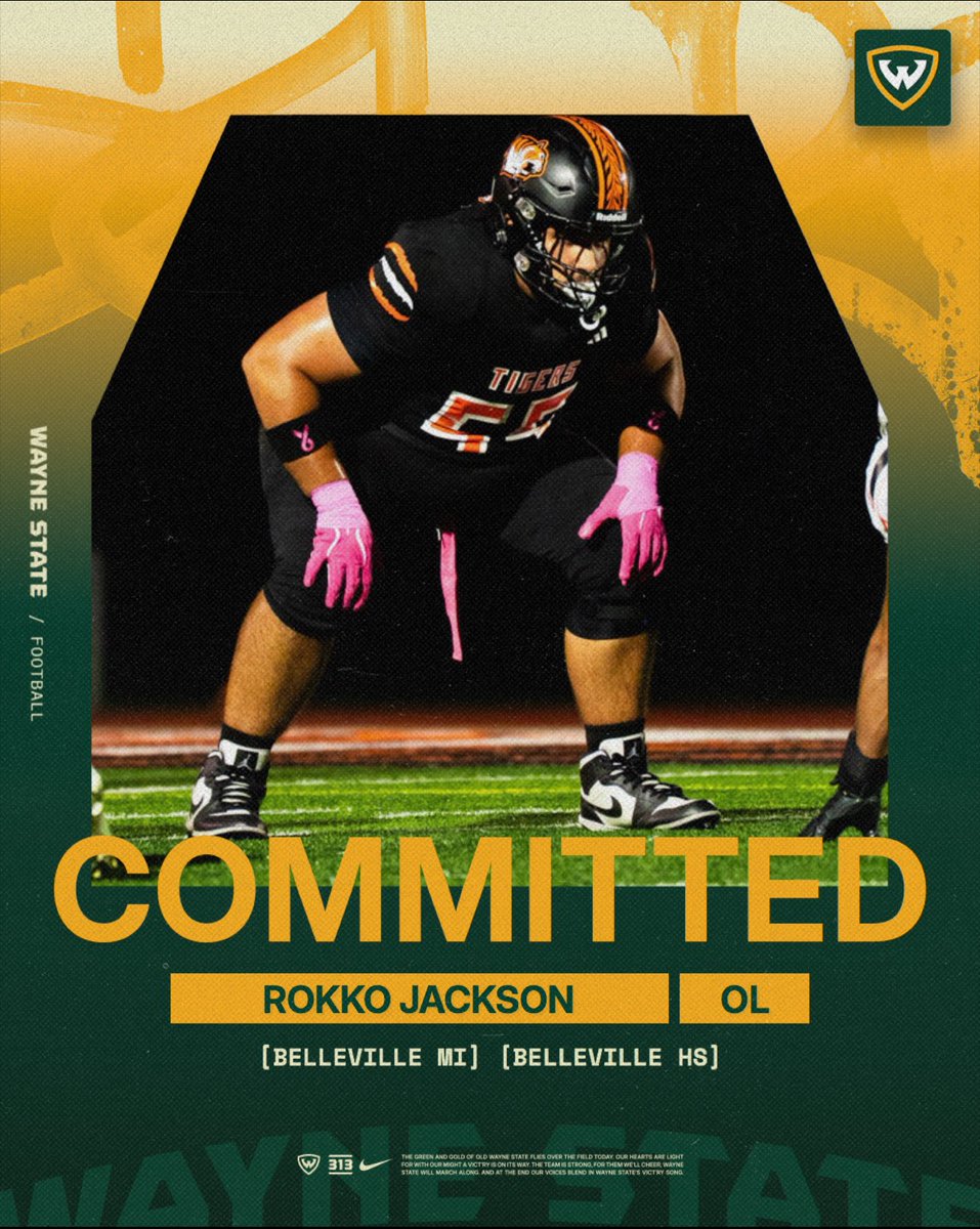 JacksonRokko's tweet photo. After lots of thoughts and prayer, I am committing to WAYNE STATE UNIVERSITY!!!!!!💚💛 @calvintip87 @Npappy74 @_treydeuce_ @WinUpFrontFB @Kevin_7Rogers @CoachWillMount3 @willie_allen77 @TheD_Zone @MichFBFrenzy @MIexposure @AllenTrieu @BellevilleFB @CoachETrained @CoachAsh32 https://t.co/fPzeGJcFtg