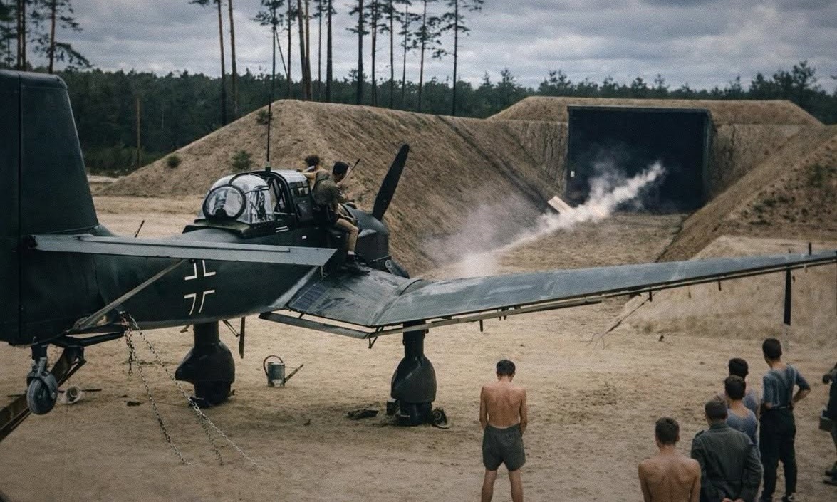 Gmit_U's tweet photo. Junkers Ju 87B-1 "Stuka" recién salido de fábrica realizando pruebas estáticas de armamento y alineación de miras, 1939. #segundaguerramundial #sgm #historia #ww2 #wwii #sgm https://t.co/PsiEbzT9vO