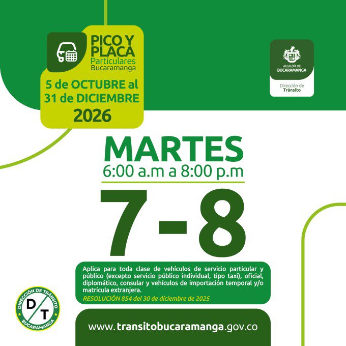 LAFMBucaramanga's tweet photo. 🚦 #PicoYPlaca | ¡Feliz martes, #Bucaramanga! 💛🌼
🚗🏍️ Hoy, martes 20 de octubre, tienen restricción los vehículos particulares y las motocicletas cuyas placas terminen en 7️⃣ y 8️⃣.

⚠️ ¡Programe sus recorridos y evite sanciones! https://t.co/o78q7hGCbP