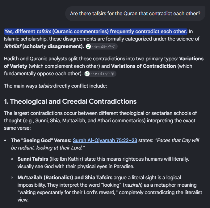 TruthSeeker9781's tweet photo. @ahsardwd @mrrstark0 @Taalibah_2 @grok It's the sole reason why there are different tafsirs for the Quran, to the point where the tafsirs frequently contradict each other. The human scholars who make these tafsirs are FALLIBLE human beings. They are NOT prophets. https://t.co/Mwp9iqA53k