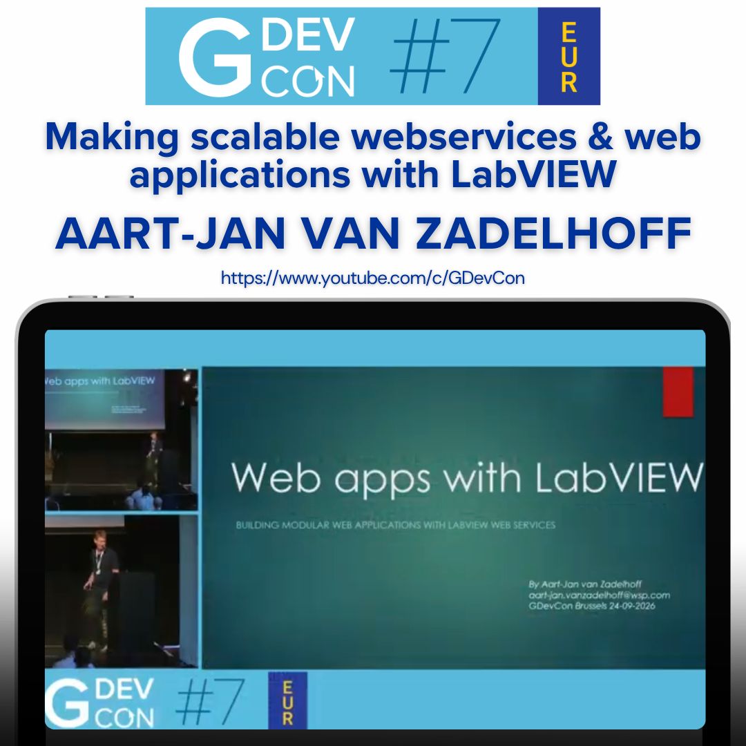 GDevConference's tweet photo. 🎥 The GDevCon#7 video releases have begun!

First up: Making Scalable Web Services &amp; Web Applications with LabVIEW, by Aart-Jan van Zadelhoff.

Watch now 👉 https://t.co/Wnj1gyBz47
📺 More videos coming soon: https://t.co/bMCHSa5J6a

#GDevCon #LabVIEW https://t.co/xCjgCqP8MN