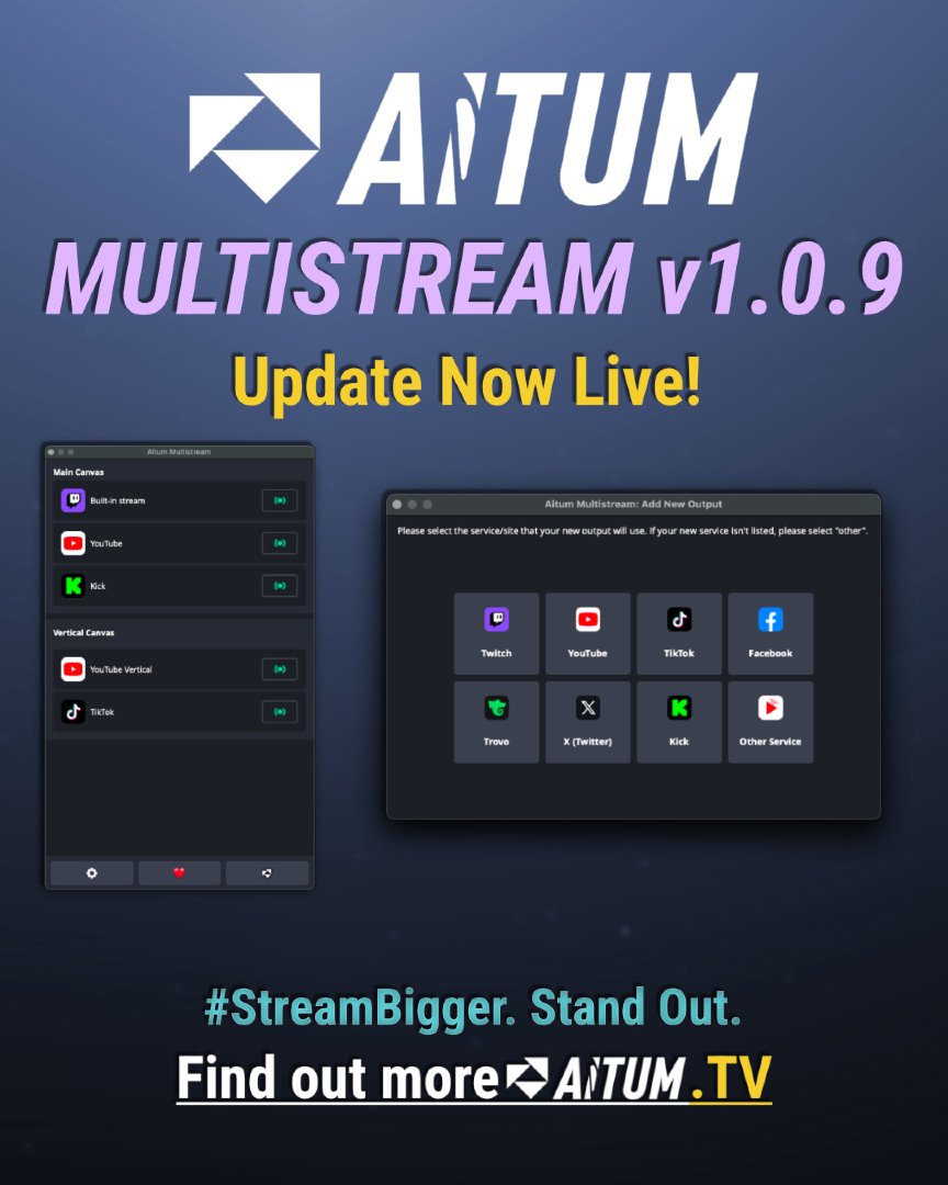 AitumTV's tweet photo. A new version of Aitum Multistream, 1.0.9, is now live and available for download!

Updates:
✅Add check for Aitum Stream Suite
✅Add obs-websocket vendor requests and events
⚙️Fix a crash when an output is restarted
⚙️Fix support link https://t.co/PhMBcpykxP