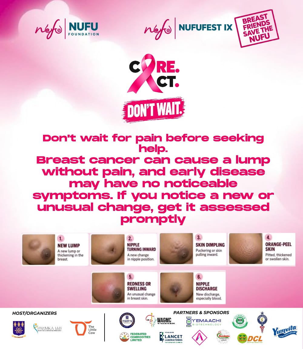 nufu_festival's tweet photo. 💗 A LUMP DOESN’T HAVE TO HURT TO MATTER. 🎀
#NUFUFESTIX #CareActDontWait #nufufest2026 #breastcancerawareness
@WACCBIP_UG
@UnivofGh
@WAGMC_UG
@PaemkaL
@YemaachiBio
@Police_Hospital
@heartbakes
@adroit360gh
@LancetGH
@PromasidorGroup
@DCLghana https://t.co/EiiokTK2uo