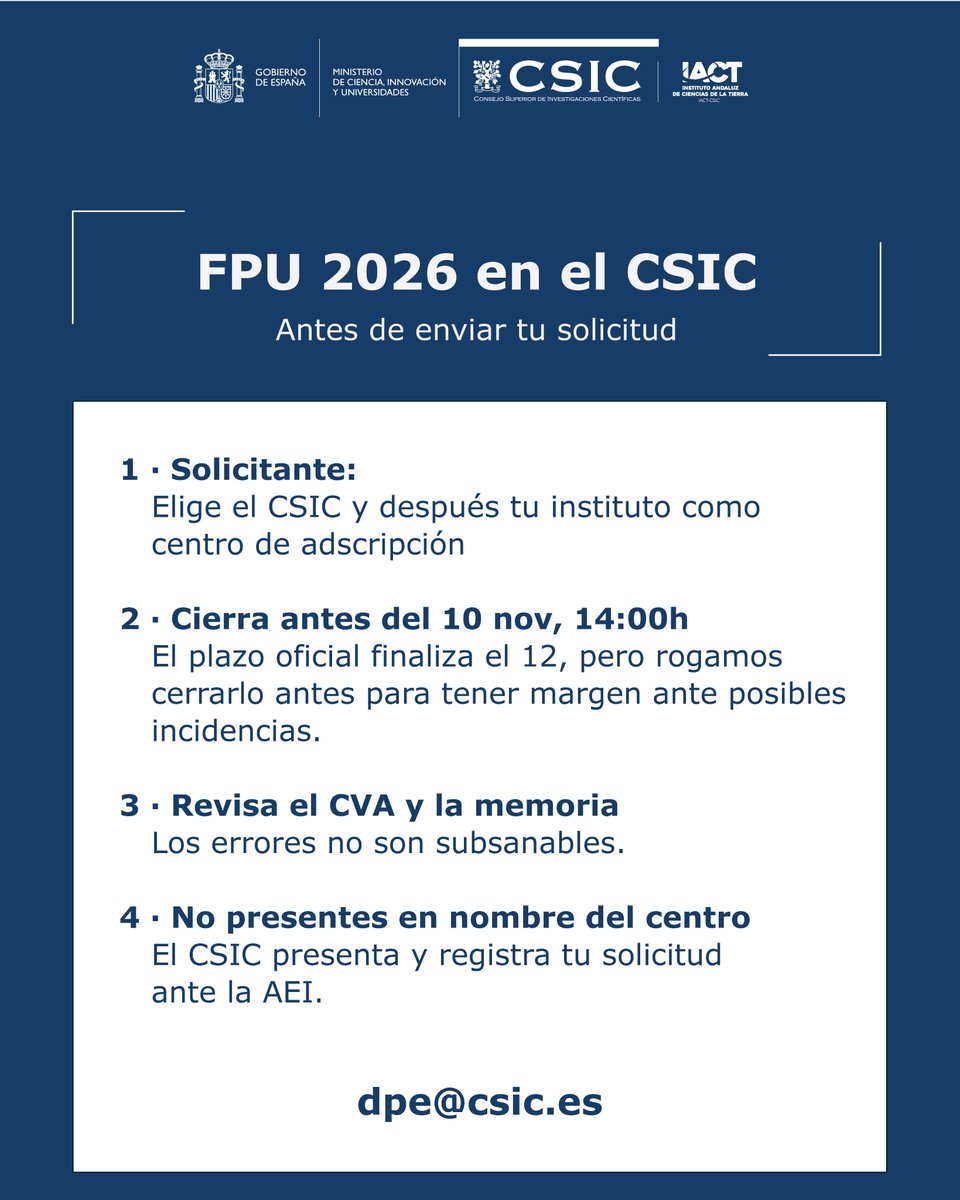 IACT_CSIC's tweet photo. 📣 ¿Vas a solicitar una ayuda FPU 2026 para hacer tu tesis en un centro del @CSIC? 

Sigue estos pasos clave para tu solicitud en el formulario de la AEI: 👇 https://t.co/V2XdQditQF