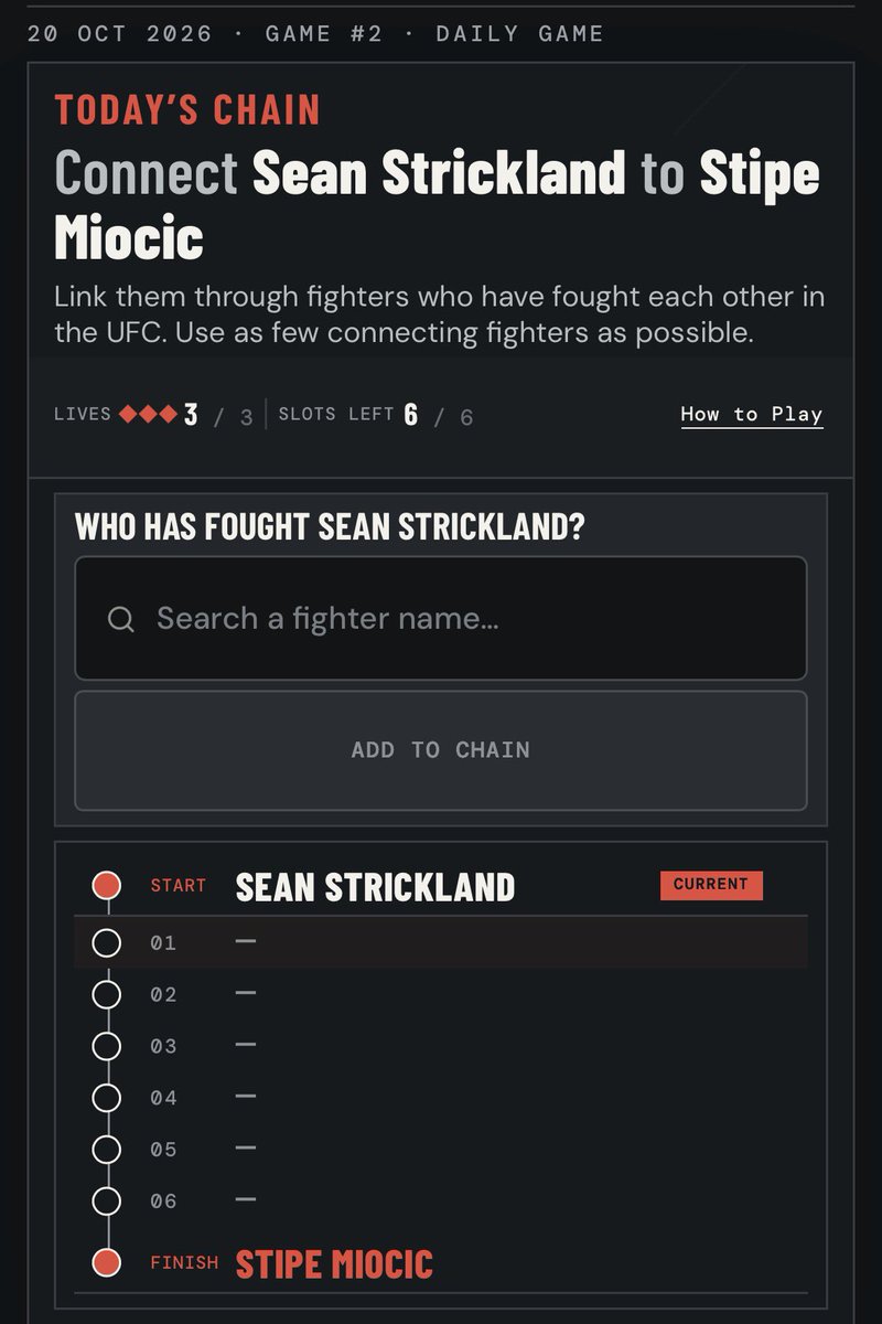 thefightchain's tweet photo. #UFC fans, how many fighters do you need to connect @SStricklandMMA to @stipemiocic? 

Play here: https://t.co/O6Afgwawv2 https://t.co/XpYoZATgKA
