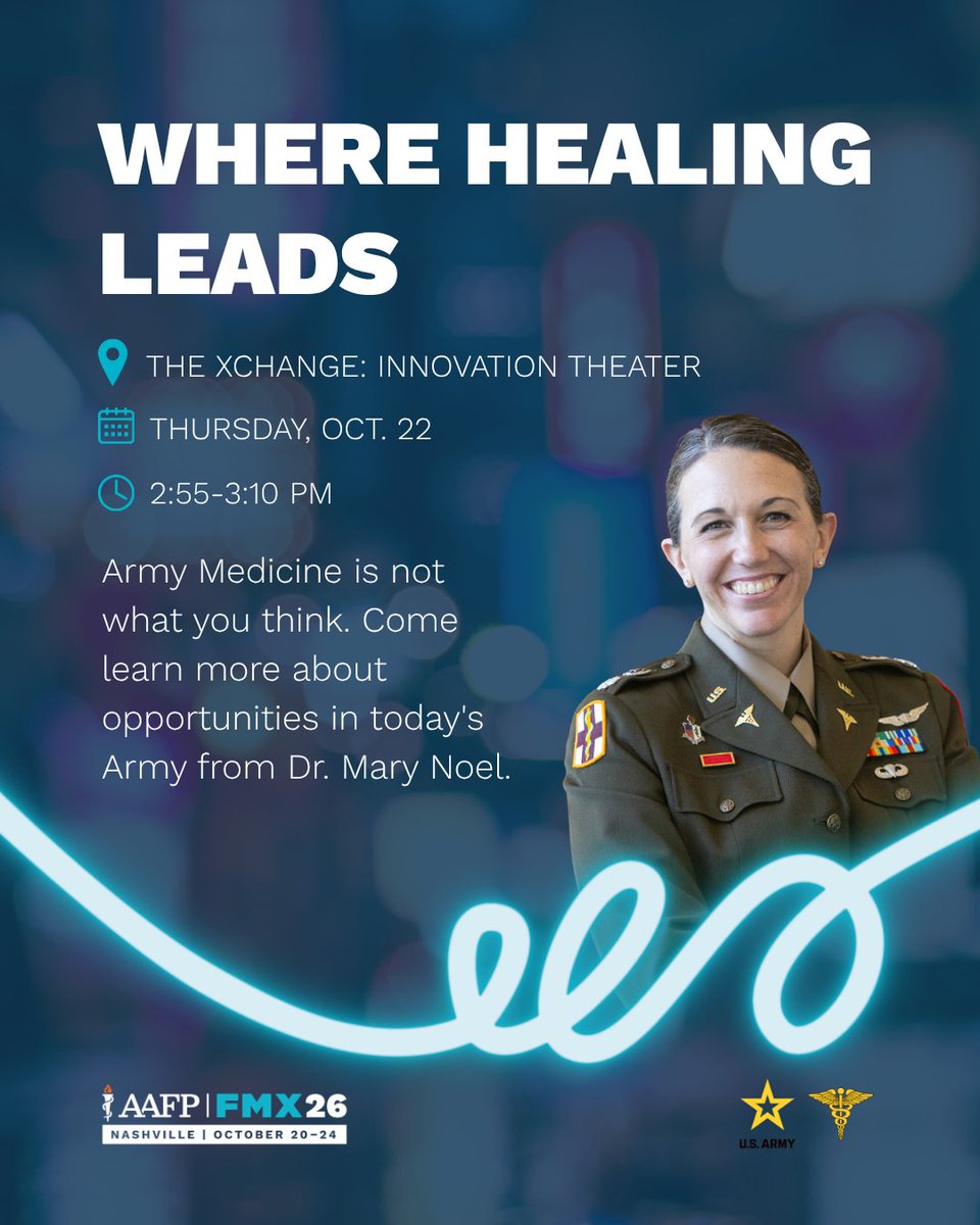 aafp's tweet photo. Are you at FMX? Don’t miss the Army Medicine Med Talk presentation on Thursday, Oct. 22 at 2:55 p.m. Then visit booth #2944 to learn about delivering exceptional healthcare to Soldiers and their families. https://t.co/0FHdMPOURg https://t.co/85yLyp0MY3