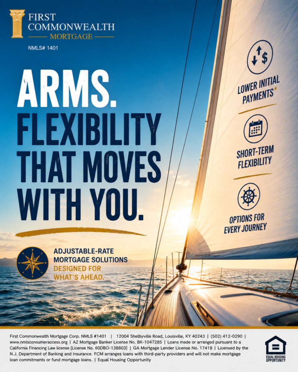 mortgage_f35020's tweet photo. Flexibility can make all the difference. An adjustable-rate mortgage may offer options that fit your plans today and where youβre headed next.*
π 502-412-0290 | π https://t.co/apTnHtGa7m
#ARM #MortgageOptions #HomeLoans #HomeBuying #MortgageBroker #FirstCommonwealthMortgage https://t.co/Y1QL3cqClJ