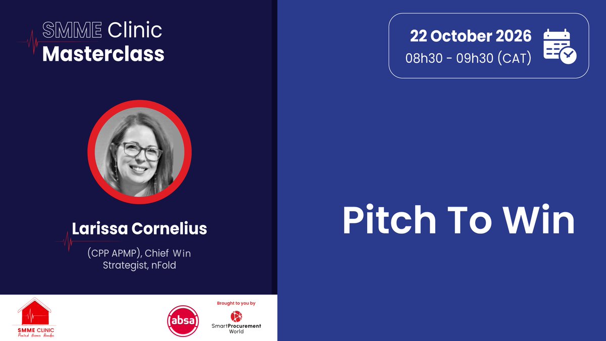 SmartProcure's tweet photo. Want to pitch with confidence? Join us this Thursday, 22 October, for an Absa Virtual Masterclass with Larissa Cornelius and learn to create winning presentations. Register at no cost https://t.co/ppoWSOkWYs. #SMMEClinic #SmallBusinessOwners @AbsaSouthAfrica https://t.co/WOrZOFerCj