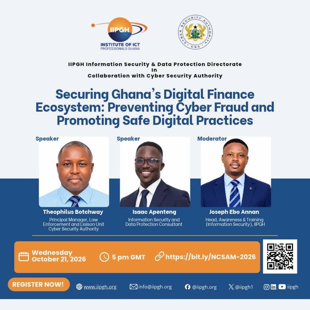 CSAGhana's tweet photo. Make a date with the Cyber Security Authority  and @IIPGH1 for an  insightful cybersecurity awareness session.

#NCSAM2026 
#BuildingDigitalTrust 
#OctoberIsNCSAM
#cybersecurityawareness https://t.co/bVbOukMNgo